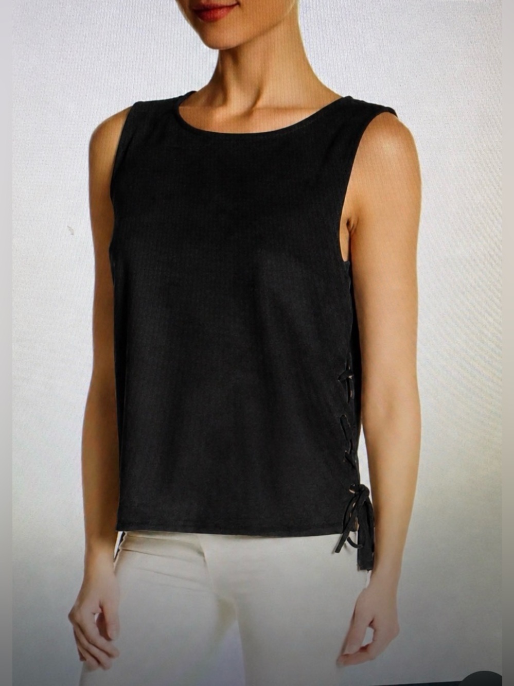 1. STATE Black Sleeveless Faux Suede Tank with Side Lace-Up Tie Details